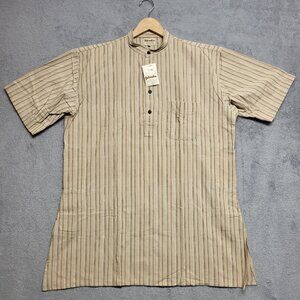 Fabindia Kurta Shirt Mens 42 XL Brown Striped 1/2 Button Up Pockets Cotton FLAW